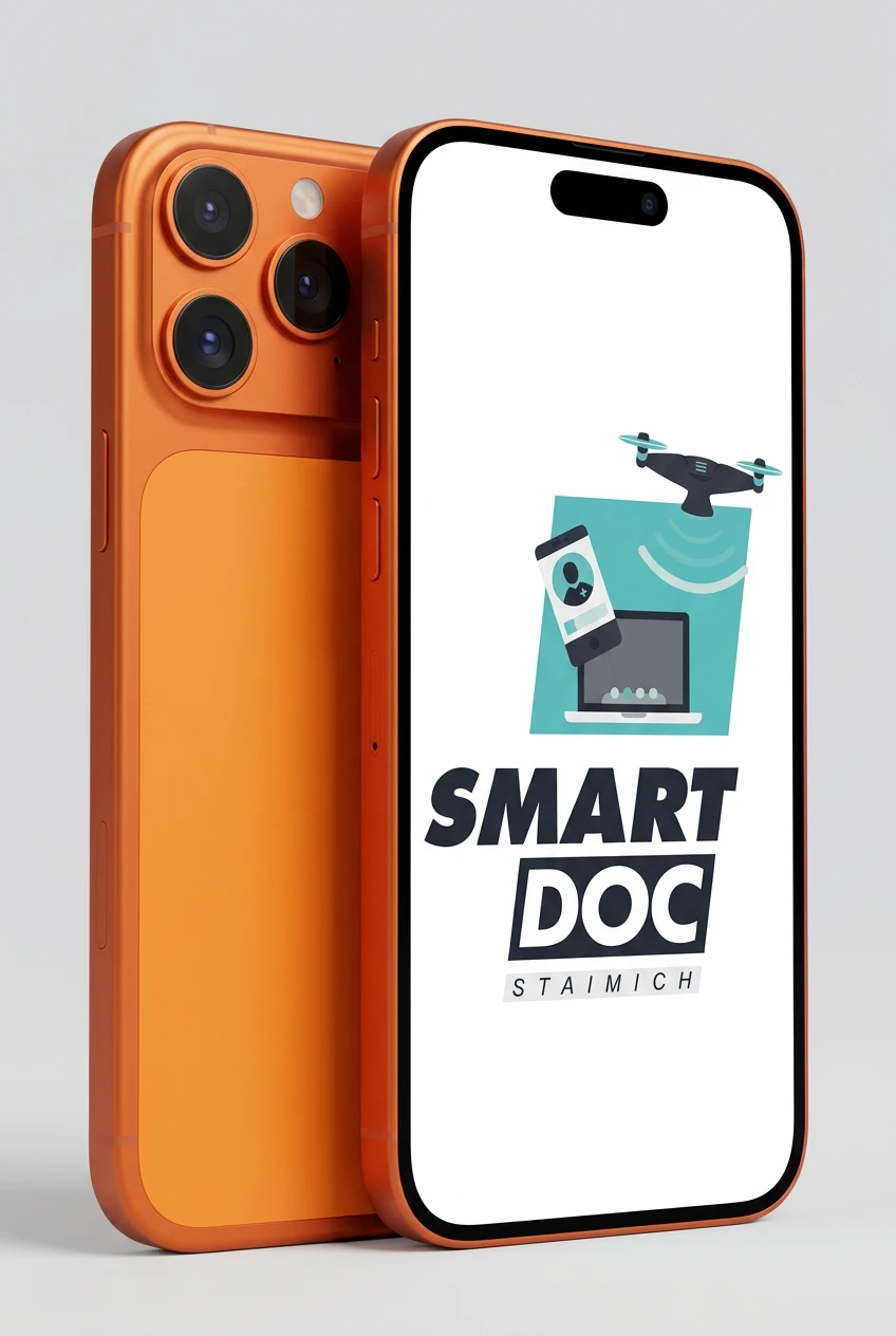 iPhone 17 Pro Max mit SmartDoc-Staimich-Logo auf dem Display, dahinter ein zweites iPhone 17 Pro Max von hinten