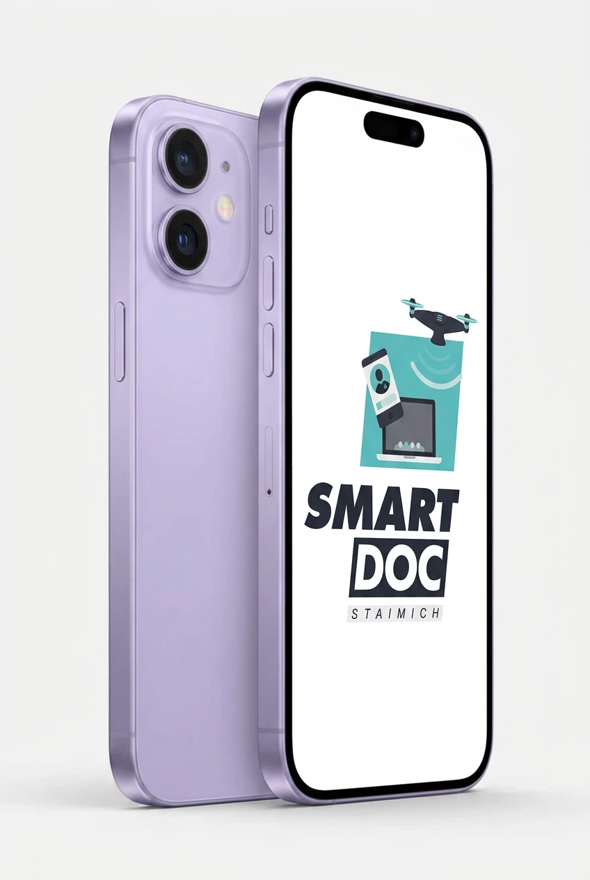 iPhone 17 mit SmartDoc-Staimich-Logo auf dem Display, dahinter ein zweites iPhone 17 von hinten