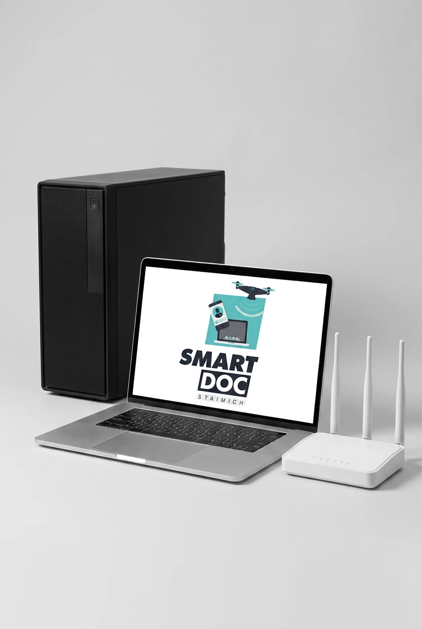 IT-Service SmartDoc-Staimich in Steinbach-Hallenberg: Laptop mit SmartDoc-Logo, PC-Tower und WLAN-Router