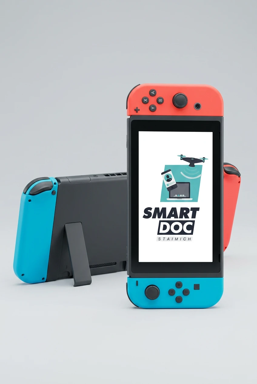 Nintendo Switch mit SmartDoc-Staimich-Logo auf dem Display, dahinter ein zweites Nintendo Switch von hinten