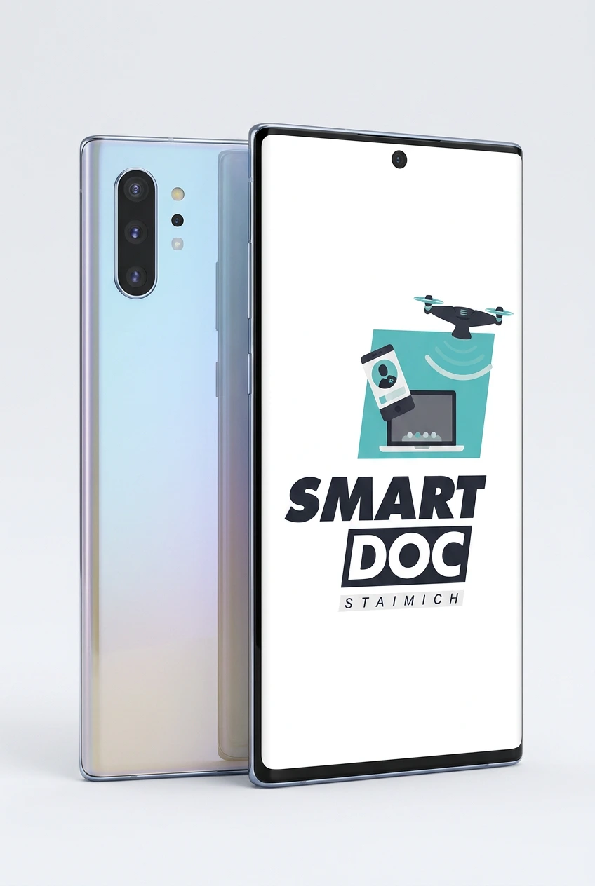 Note 10 Plus mit SmartDoc-Staimich-Logo auf dem Display, dahinter ein zweites Note 10 Plus von hinten