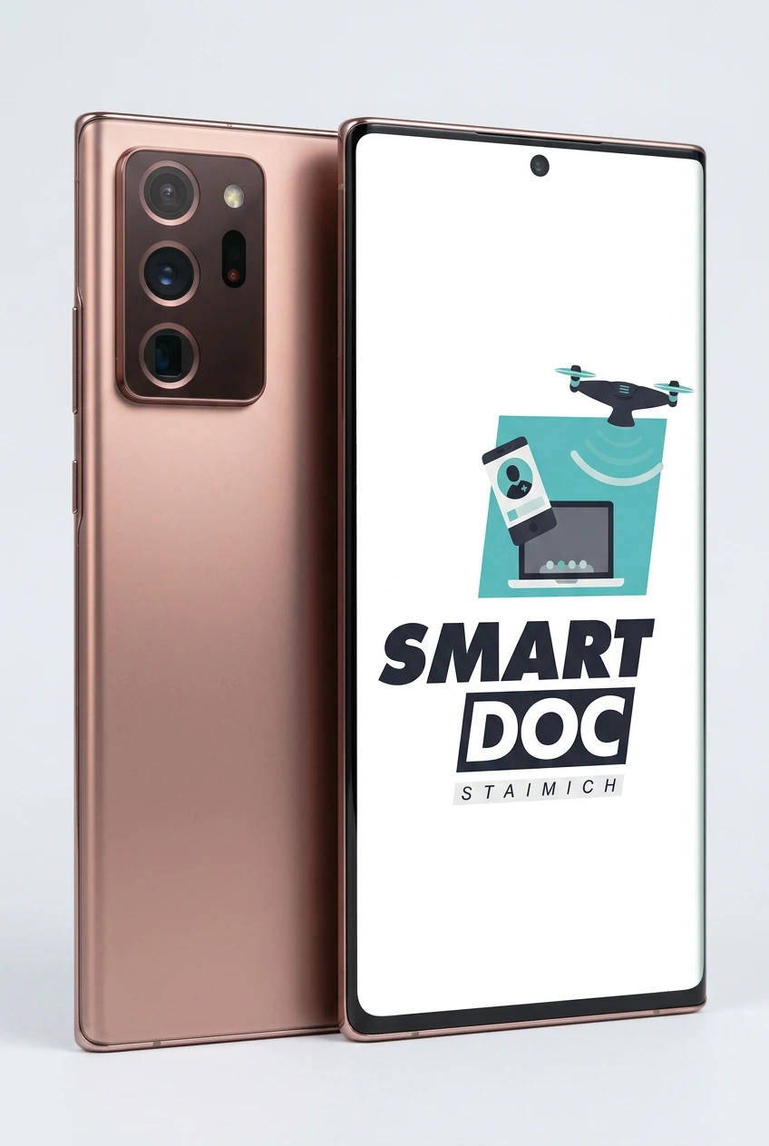Note 20 Ultra (5G) mit SmartDoc-Staimich-Logo auf dem Display, dahinter ein zweites Note 20 Ultra (5G) von hinten