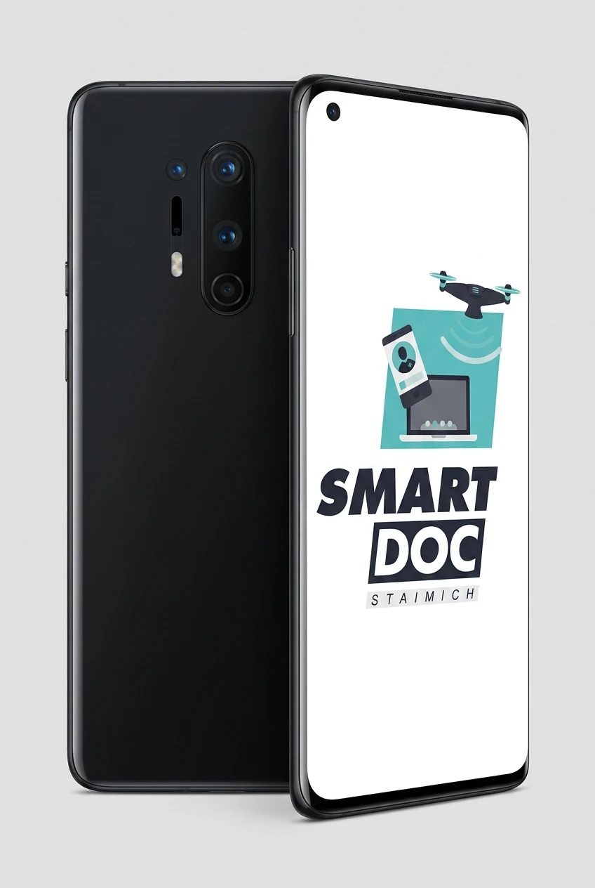 OnePlus 8 Pro mit SmartDoc-Staimich-Logo auf dem Display, dahinter ein zweites OnePlus 8 Pro von hinten