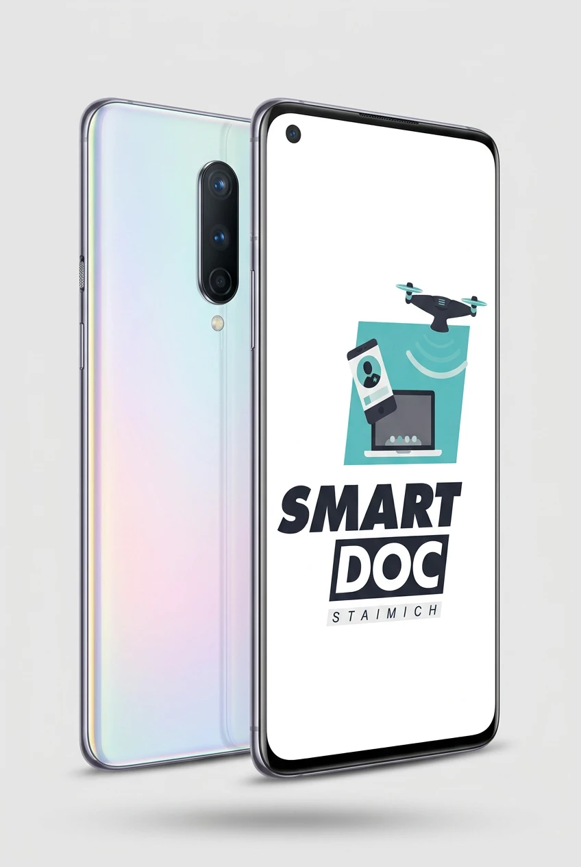 OnePlus 8 mit SmartDoc-Staimich-Logo auf dem Display, dahinter ein zweites OnePlus 8 von hinten
