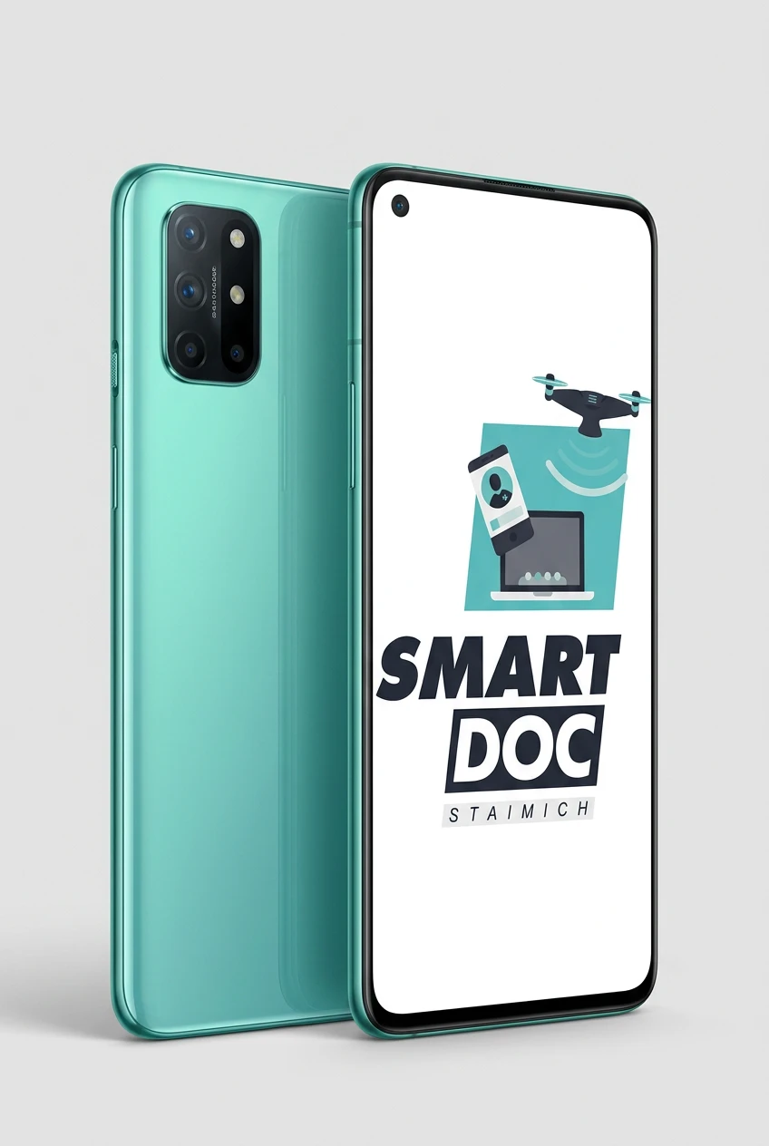 OnePlus 8T mit SmartDoc-Staimich-Logo auf dem Display, dahinter ein zweites OnePlus 8T von hinten