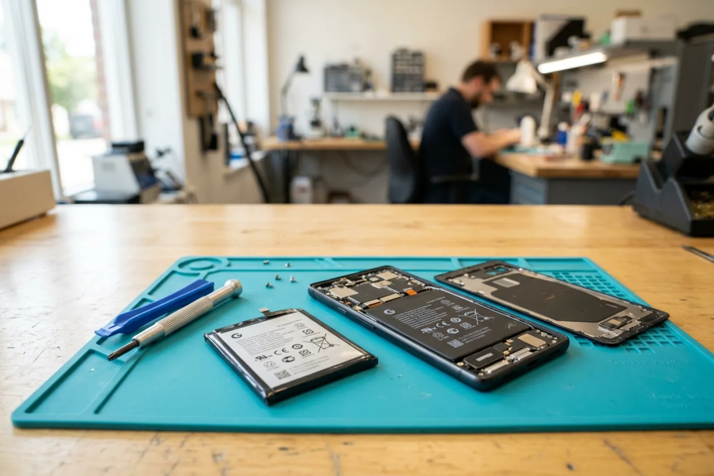 Akkuwechsel beim Smartphone: neuer Akku und geöffnetes Handy auf der Reparaturmatte