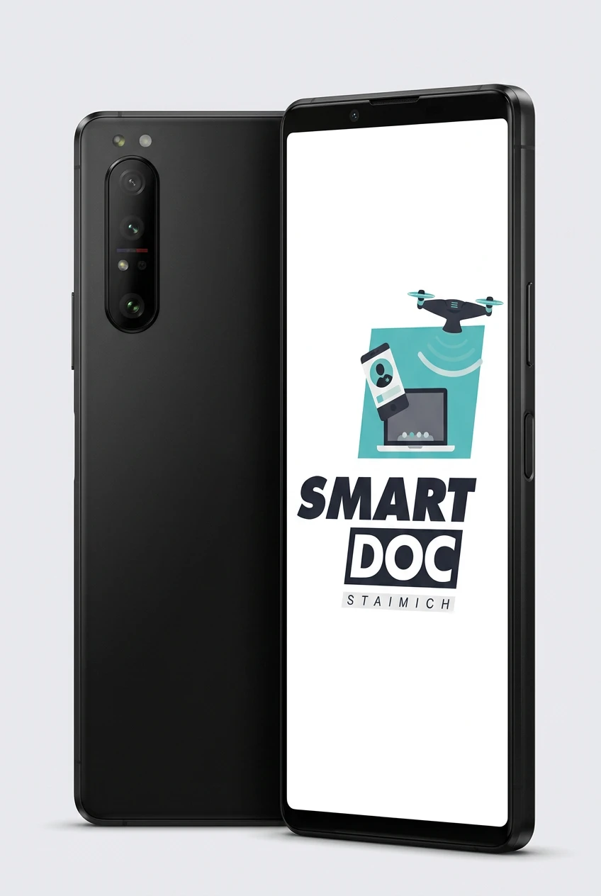 Sony Xperia 1 II mit SmartDoc-Staimich-Logo auf dem Display, dahinter ein zweites Sony Xperia 1 II von hinten