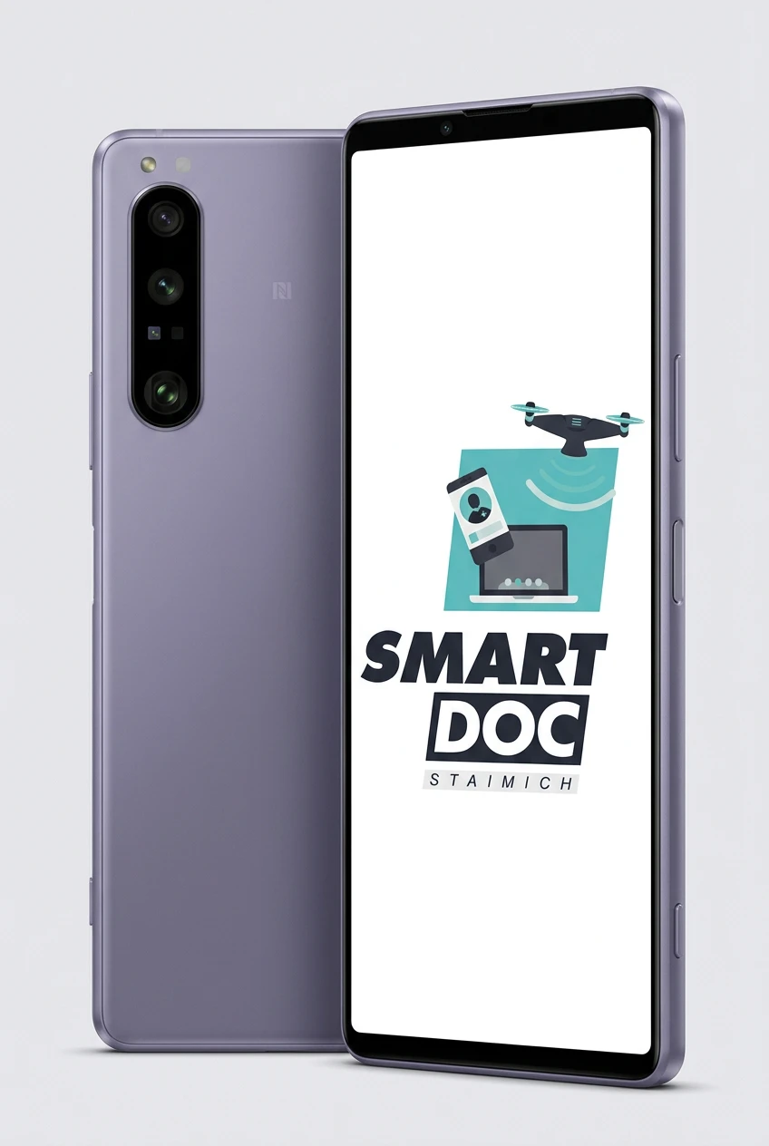 Sony Xperia 1 III mit SmartDoc-Staimich-Logo auf dem Display, dahinter ein zweites Sony Xperia 1 III von hinten