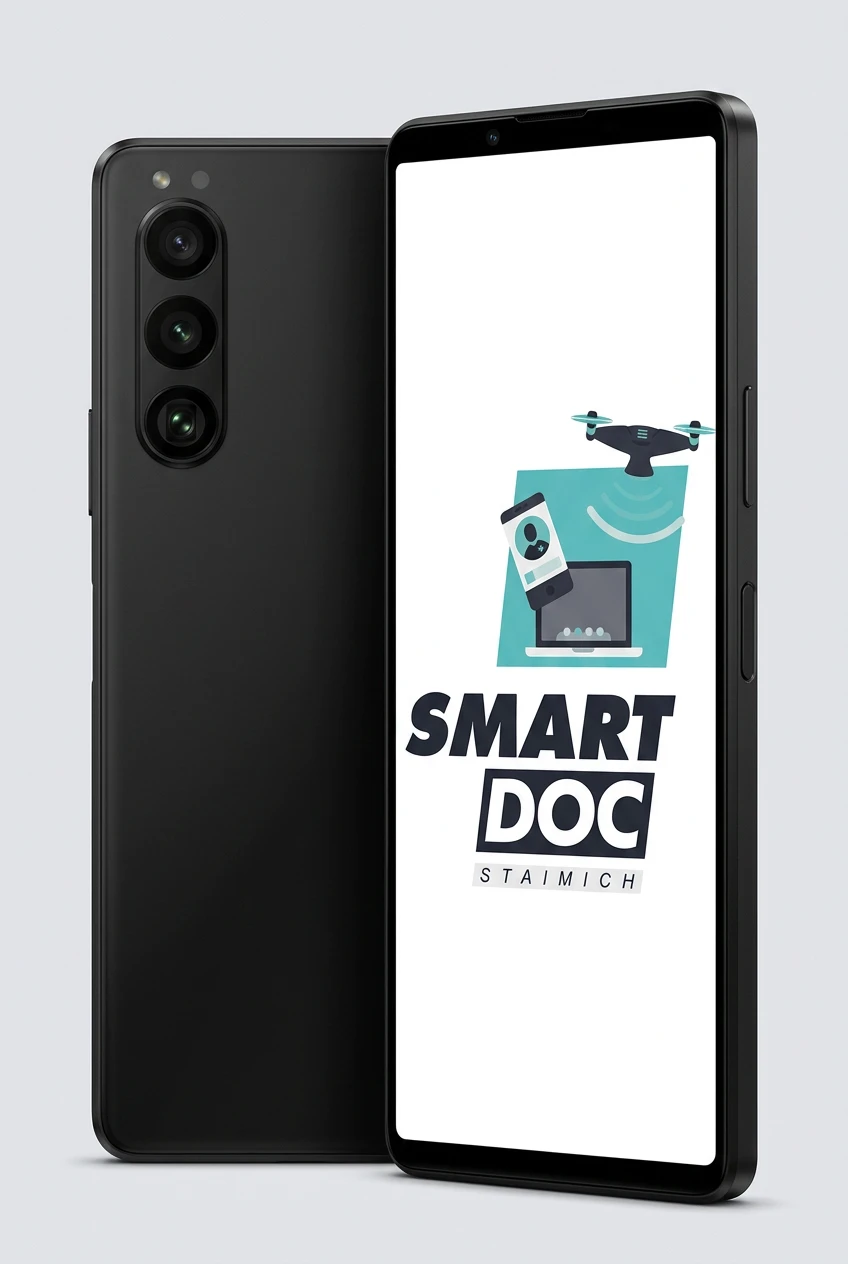 Sony Xperia 1 IV mit SmartDoc-Staimich-Logo auf dem Display, dahinter ein zweites Sony Xperia 1 IV von hinten