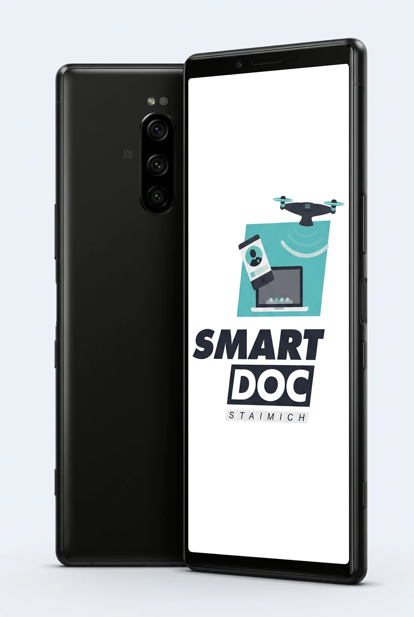 Sony Xperia 1 mit SmartDoc-Staimich-Logo auf dem Display, dahinter ein zweites Sony Xperia 1 von hinten