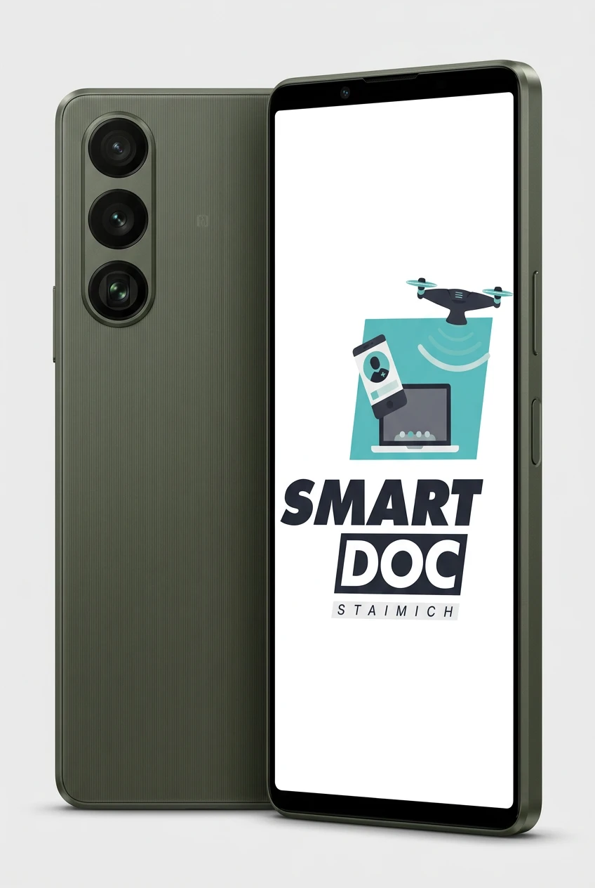 Sony Xperia 1 V mit SmartDoc-Staimich-Logo auf dem Display, dahinter ein zweites Sony Xperia 1 V von hinten