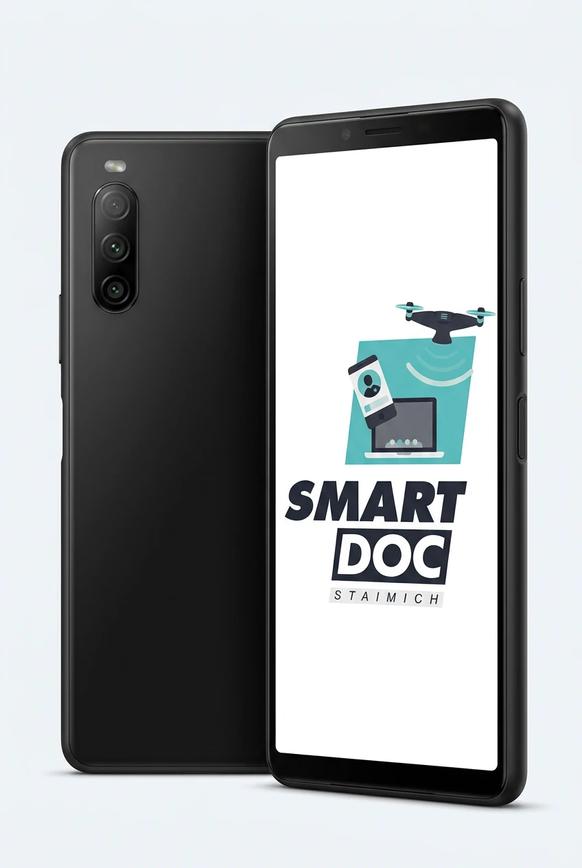 Sony Xperia 10 II mit SmartDoc-Staimich-Logo auf dem Display, dahinter ein zweites Sony Xperia 10 II von hinten