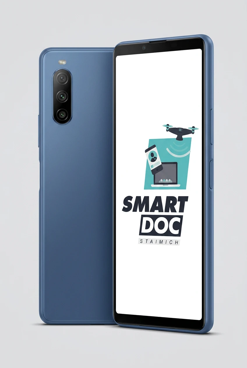 Sony Xperia 10 III mit SmartDoc-Staimich-Logo auf dem Display, dahinter ein zweites Sony Xperia 10 III von hinten