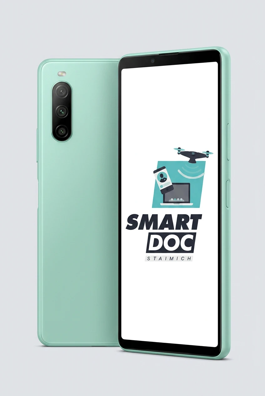 Sony Xperia 10 IV mit SmartDoc-Staimich-Logo auf dem Display, dahinter ein zweites Sony Xperia 10 IV von hinten