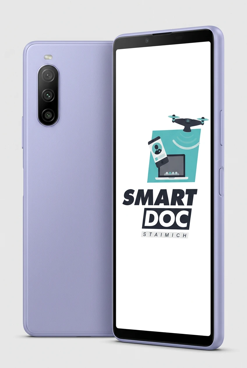 Sony Xperia 10 V mit SmartDoc-Staimich-Logo auf dem Display, dahinter ein zweites Sony Xperia 10 V von hinten