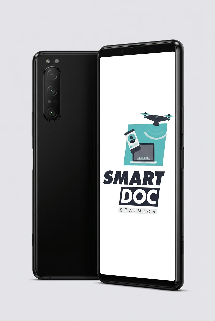 Sony Xperia 5 II mit SmartDoc-Staimich-Logo auf dem Display, dahinter ein zweites Sony Xperia 5 II von hinten