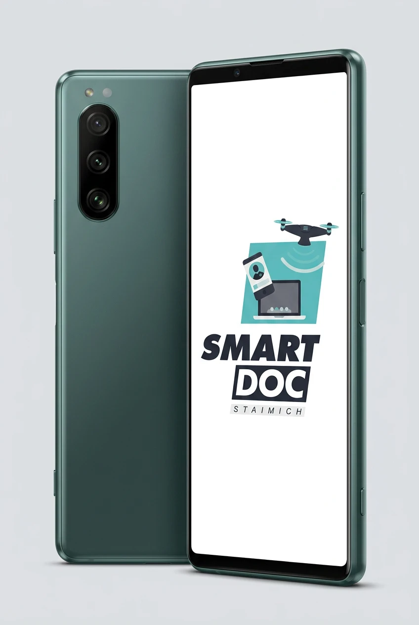 Sony Xperia 5 III mit SmartDoc-Staimich-Logo auf dem Display, dahinter ein zweites Sony Xperia 5 III von hinten