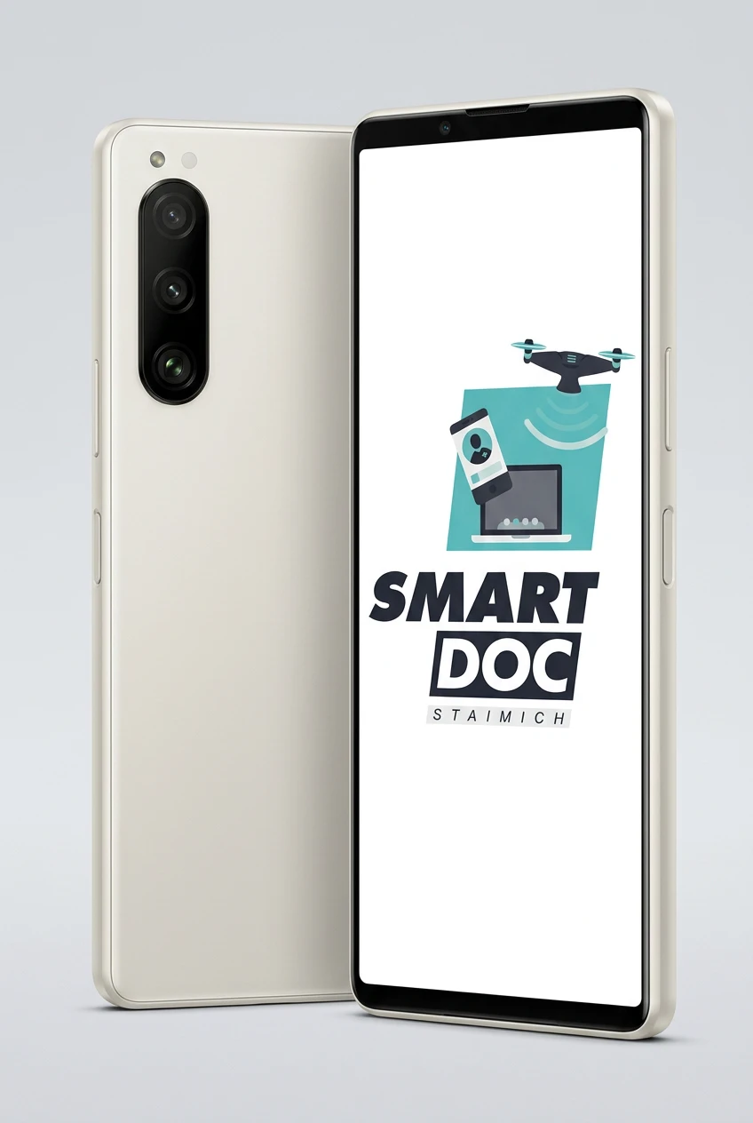 Sony Xperia 5 IV mit SmartDoc-Staimich-Logo auf dem Display, dahinter ein zweites Sony Xperia 5 IV von hinten
