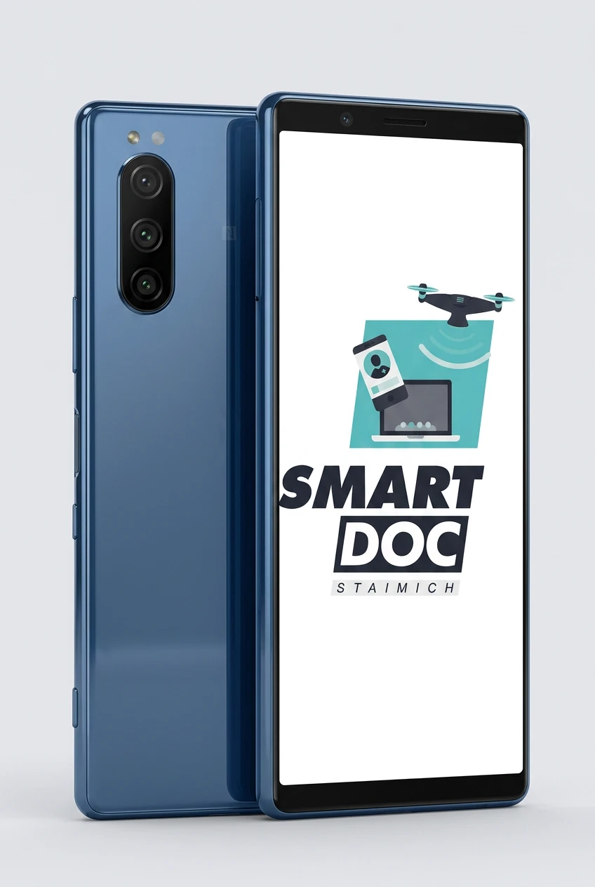 Sony Xperia 5 mit SmartDoc-Staimich-Logo auf dem Display, dahinter ein zweites Sony Xperia 5 von hinten