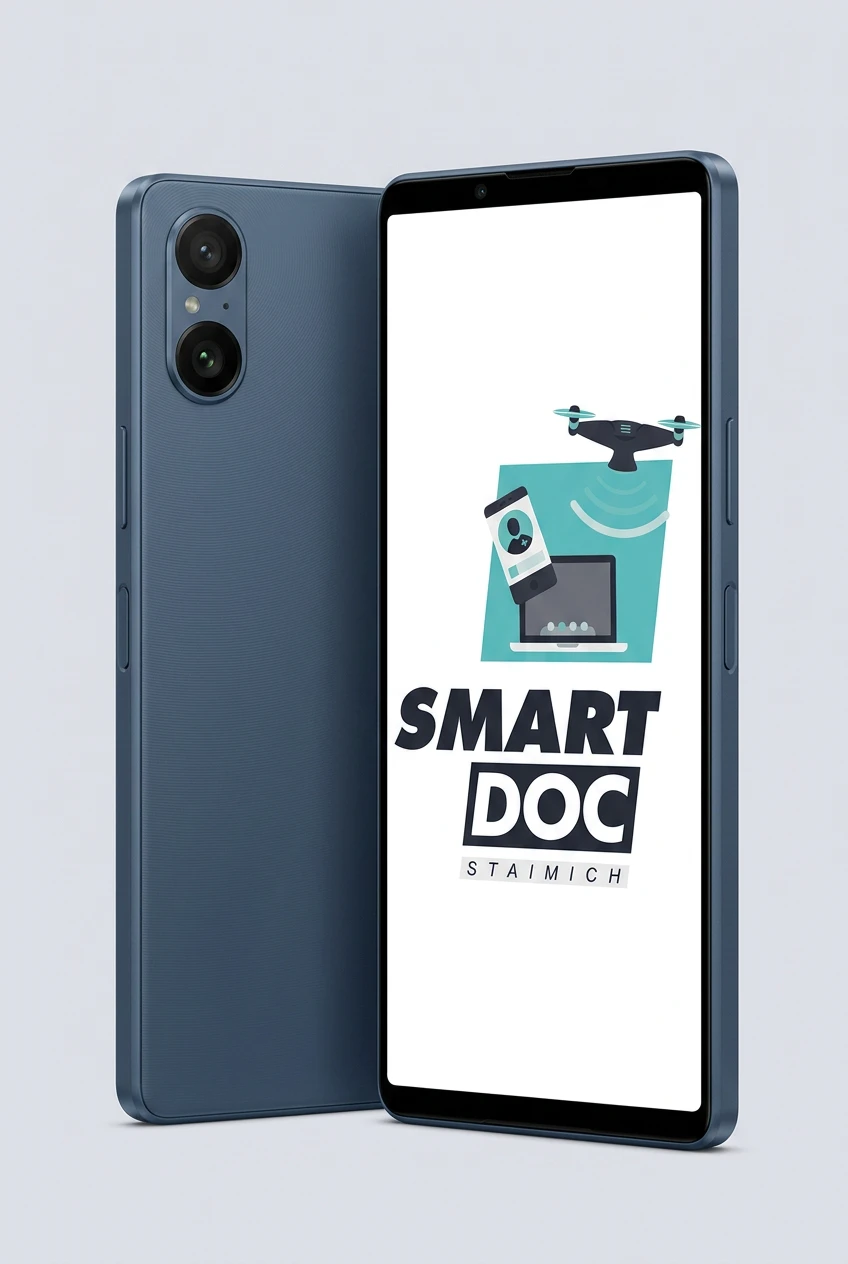 Sony Xperia 5 V mit SmartDoc-Staimich-Logo auf dem Display, dahinter ein zweites Sony Xperia 5 V von hinten