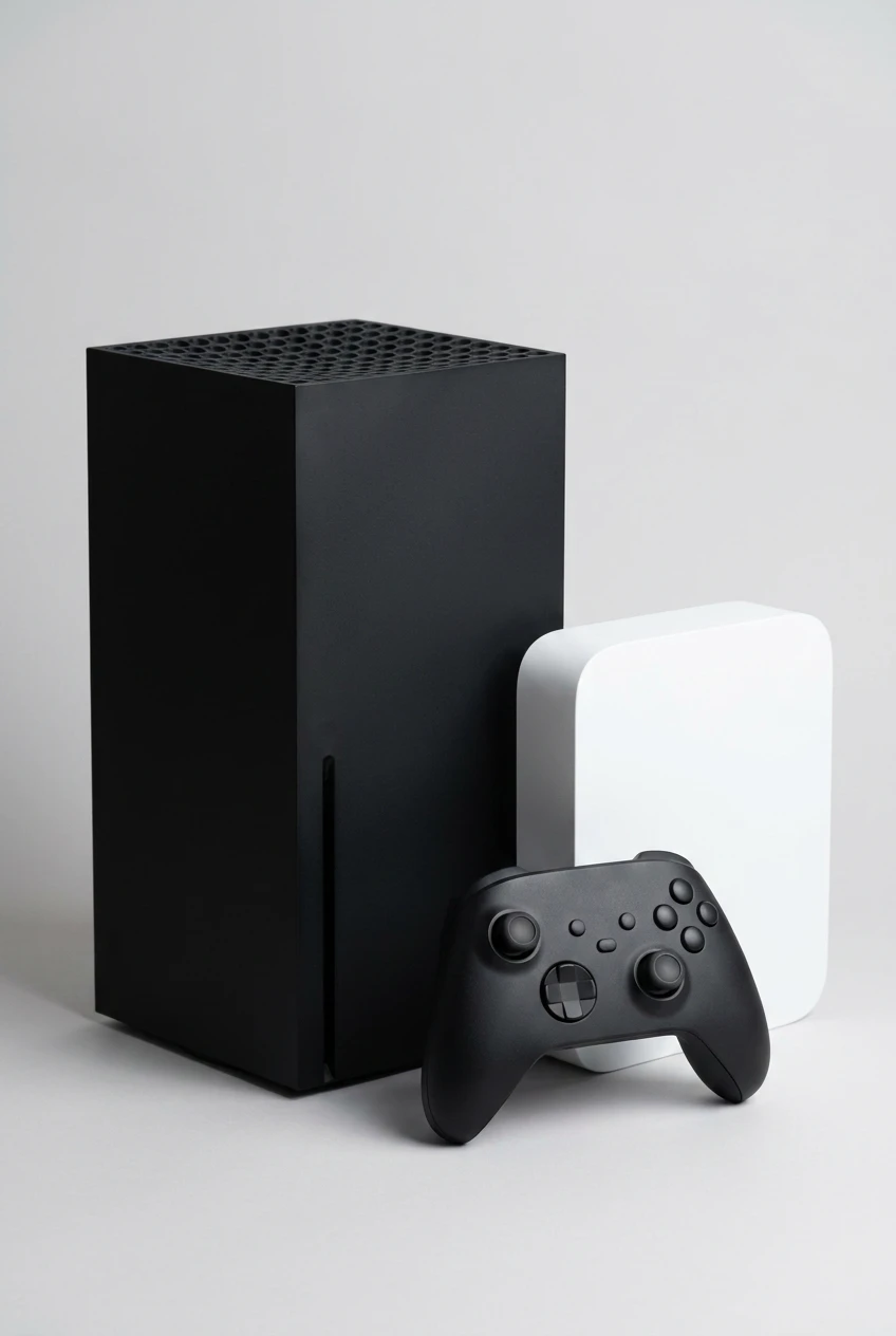 Xbox Series X/S mit SmartDoc-Staimich-Logo auf dem Display, dahinter ein zweites Xbox Series X/S von hinten