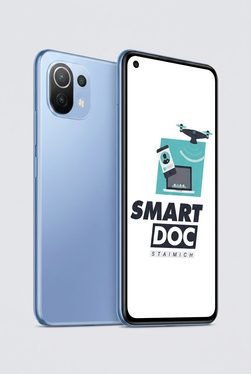Xiaomi 11 Lite 5G mit SmartDoc-Staimich-Logo auf dem Display, dahinter ein zweites Xiaomi 11 Lite 5G von hinten