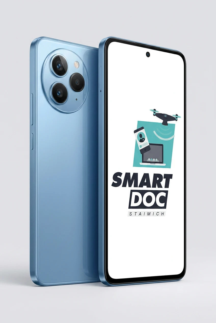 Xiaomi 11T Pro mit SmartDoc-Staimich-Logo auf dem Display, dahinter ein zweites Xiaomi 11T Pro von hinten