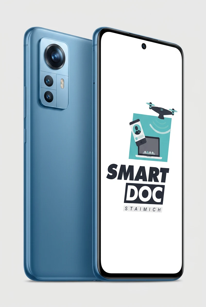 Xiaomi 12 5G mit SmartDoc-Staimich-Logo auf dem Display, dahinter ein zweites Xiaomi 12 5G von hinten