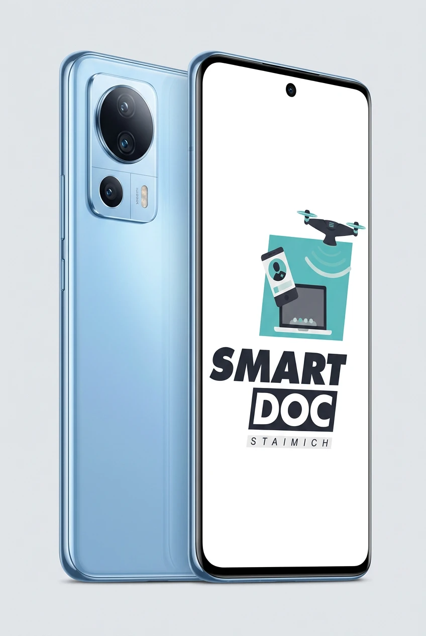 Xiaomi 13 Lite mit SmartDoc-Staimich-Logo auf dem Display, dahinter ein zweites Xiaomi 13 Lite von hinten