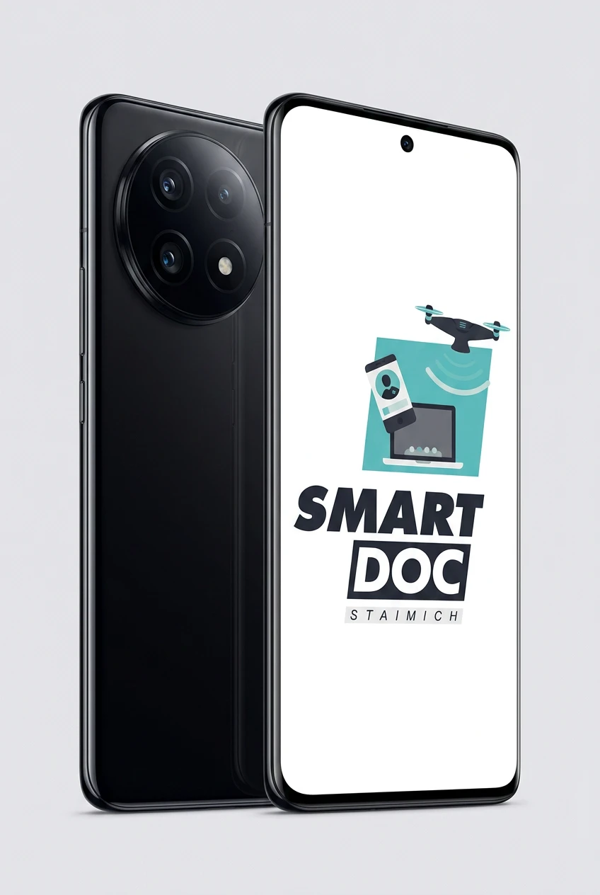 Xiaomi 13 Pro mit SmartDoc-Staimich-Logo auf dem Display, dahinter ein zweites Xiaomi 13 Pro von hinten