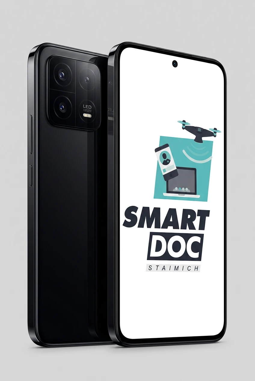 Xiaomi 13 mit SmartDoc-Staimich-Logo auf dem Display, dahinter ein zweites Xiaomi 13 von hinten