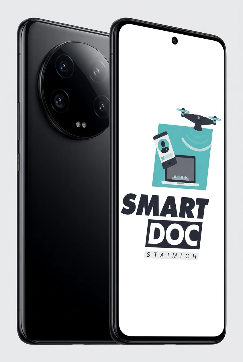 Xiaomi 13 Ultra mit SmartDoc-Staimich-Logo auf dem Display, dahinter ein zweites Xiaomi 13 Ultra von hinten