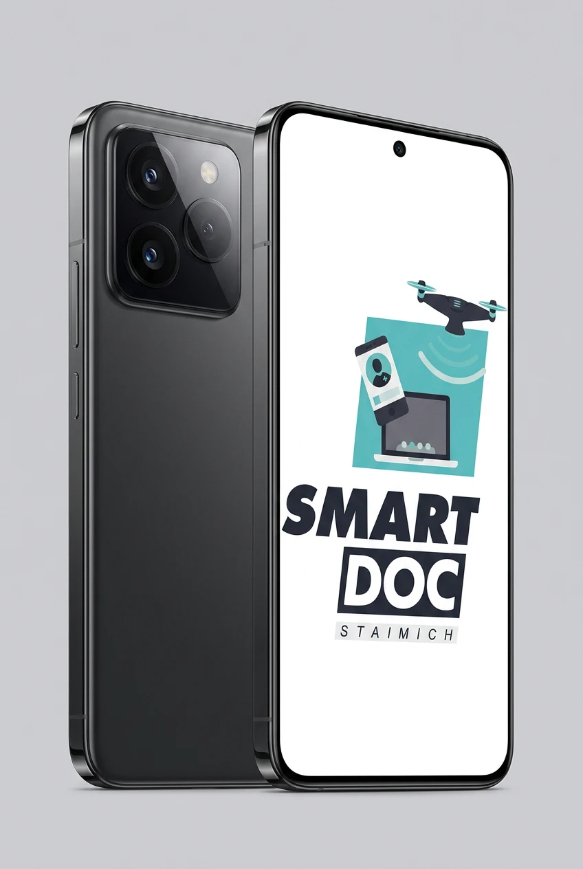 Xiaomi 14 Pro mit SmartDoc-Staimich-Logo auf dem Display, dahinter ein zweites Xiaomi 14 Pro von hinten