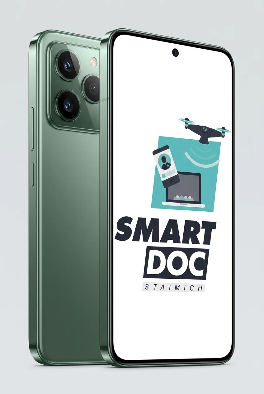 Xiaomi 14 mit SmartDoc-Staimich-Logo auf dem Display, dahinter ein zweites Xiaomi 14 von hinten