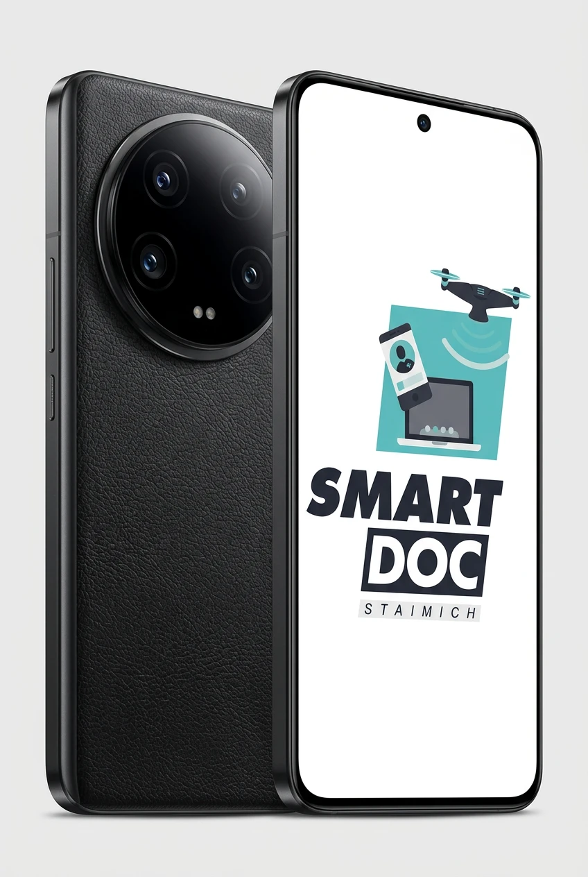 Xiaomi 14 Ultra mit SmartDoc-Staimich-Logo auf dem Display, dahinter ein zweites Xiaomi 14 Ultra von hinten