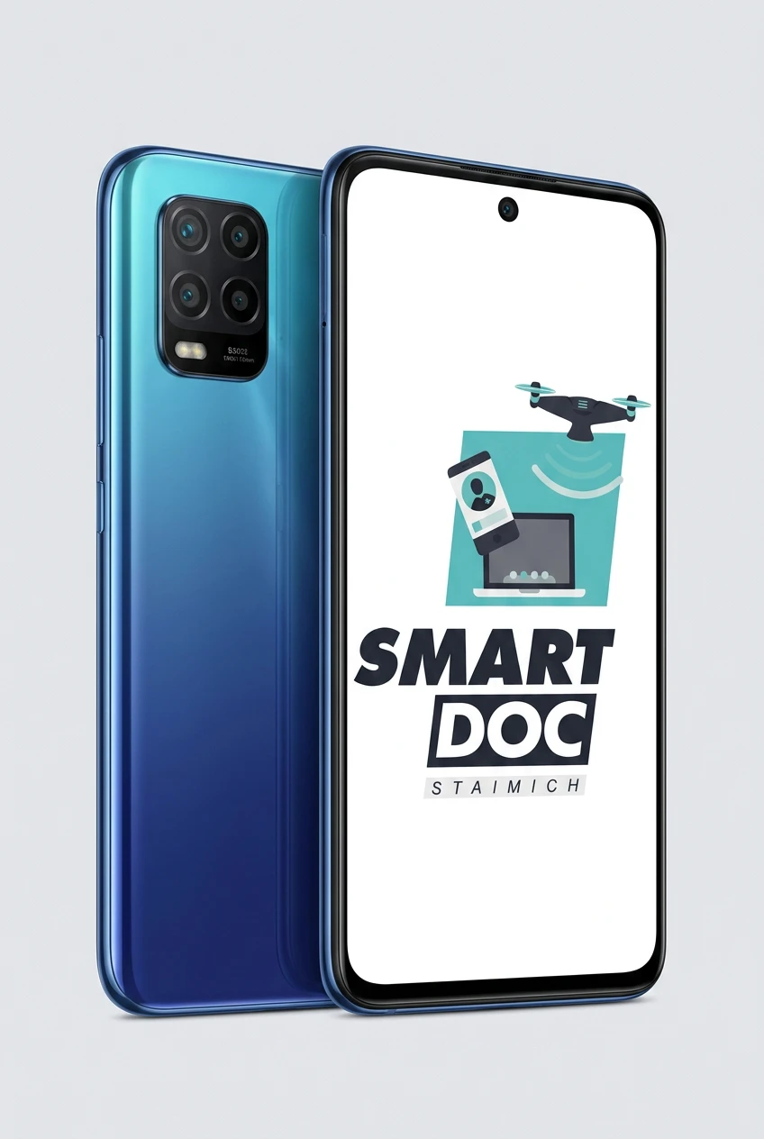 Xiaomi Mi 10 Lite mit SmartDoc-Staimich-Logo auf dem Display, dahinter ein zweites Xiaomi Mi 10 Lite von hinten