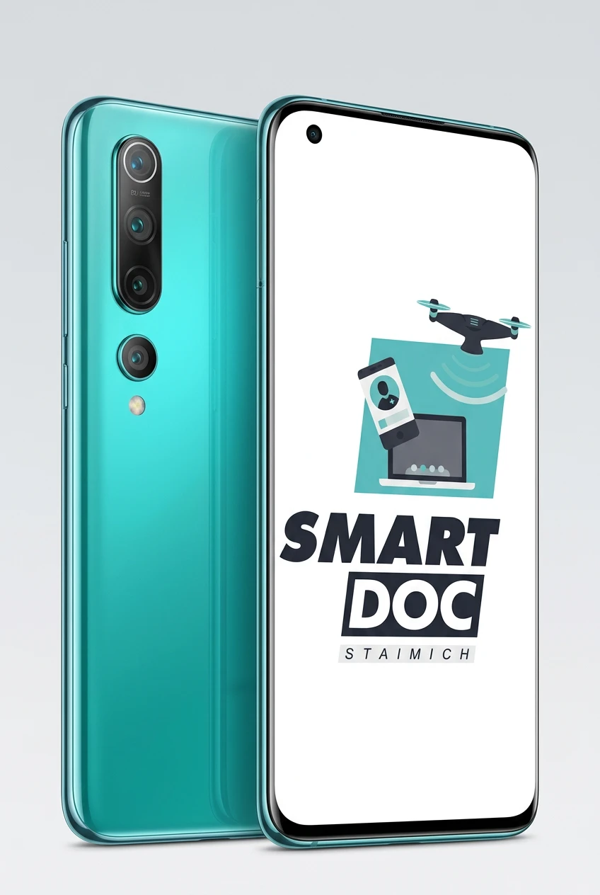 Xiaomi Mi 10 mit SmartDoc-Staimich-Logo auf dem Display, dahinter ein zweites Xiaomi Mi 10 von hinten