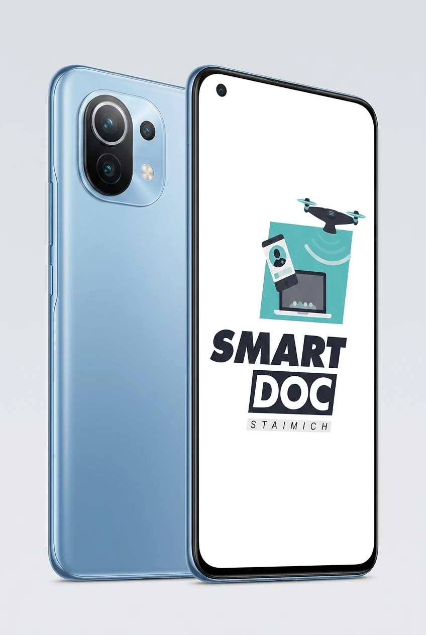 Xiaomi Mi 11 mit SmartDoc-Staimich-Logo auf dem Display, dahinter ein zweites Xiaomi Mi 11 von hinten