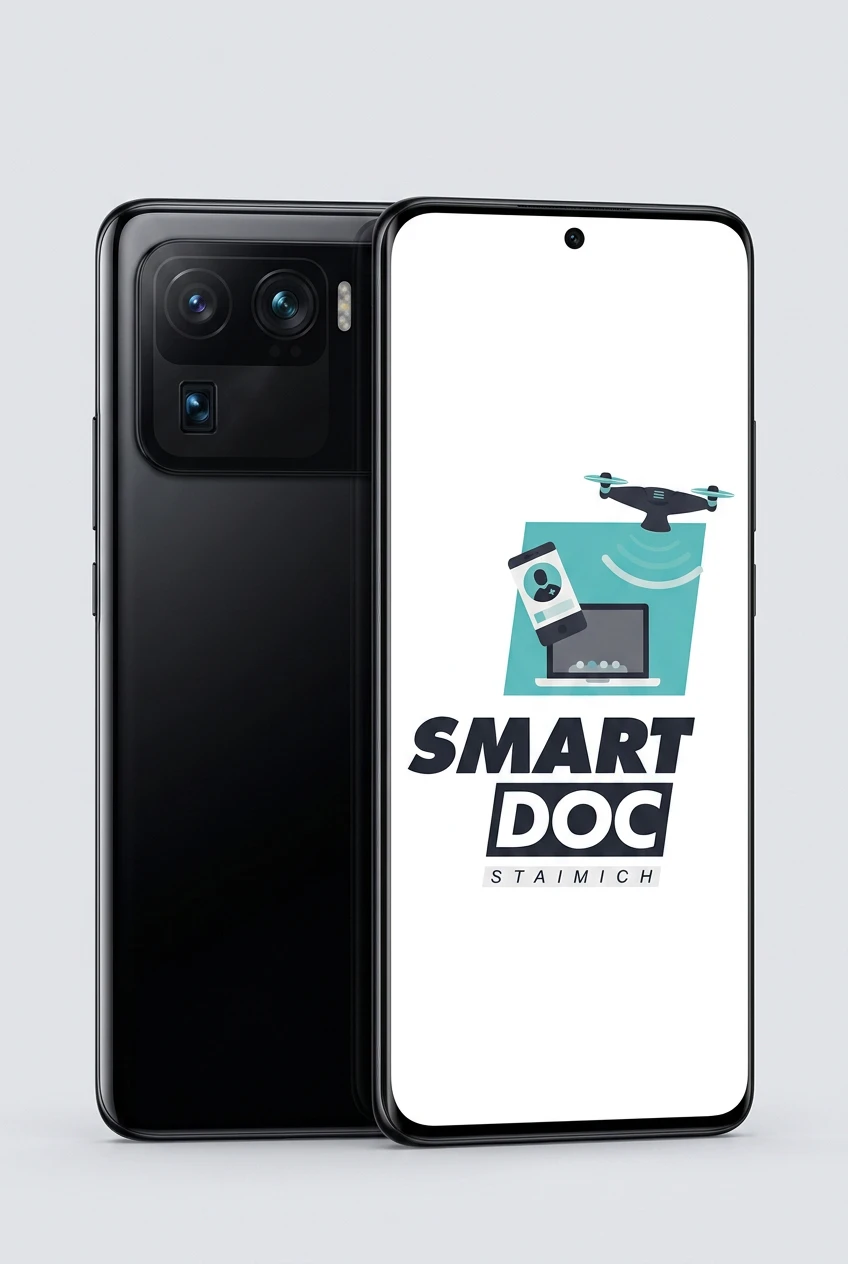 Xiaomi Mi 11 Ultra mit SmartDoc-Staimich-Logo auf dem Display, dahinter ein zweites Xiaomi Mi 11 Ultra von hinten