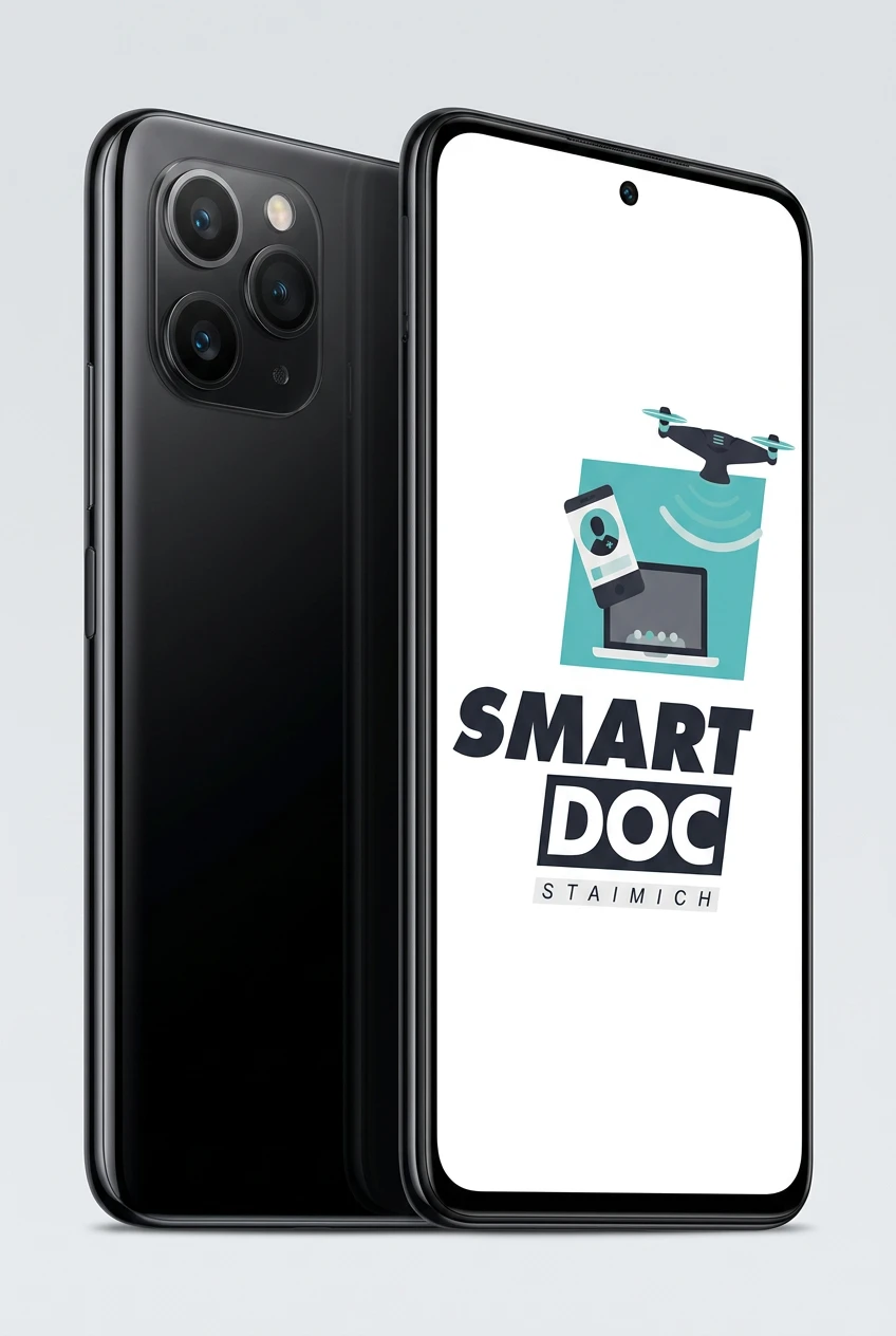Xiaomi Mi 11i mit SmartDoc-Staimich-Logo auf dem Display, dahinter ein zweites Xiaomi Mi 11i von hinten