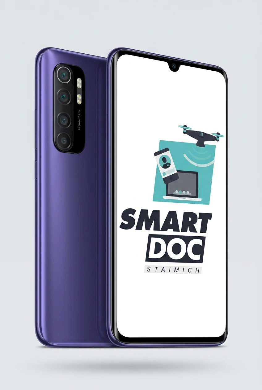 Xiaomi Mi Note 10 Lite mit SmartDoc-Staimich-Logo auf dem Display, dahinter ein zweites Xiaomi Mi Note 10 Lite von hinten