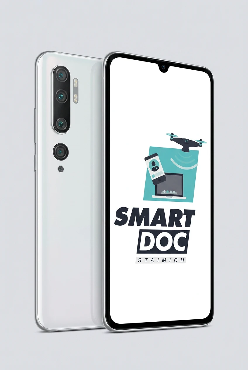 Xiaomi Mi Note 10 Pro mit SmartDoc-Staimich-Logo auf dem Display, dahinter ein zweites Xiaomi Mi Note 10 Pro von hinten