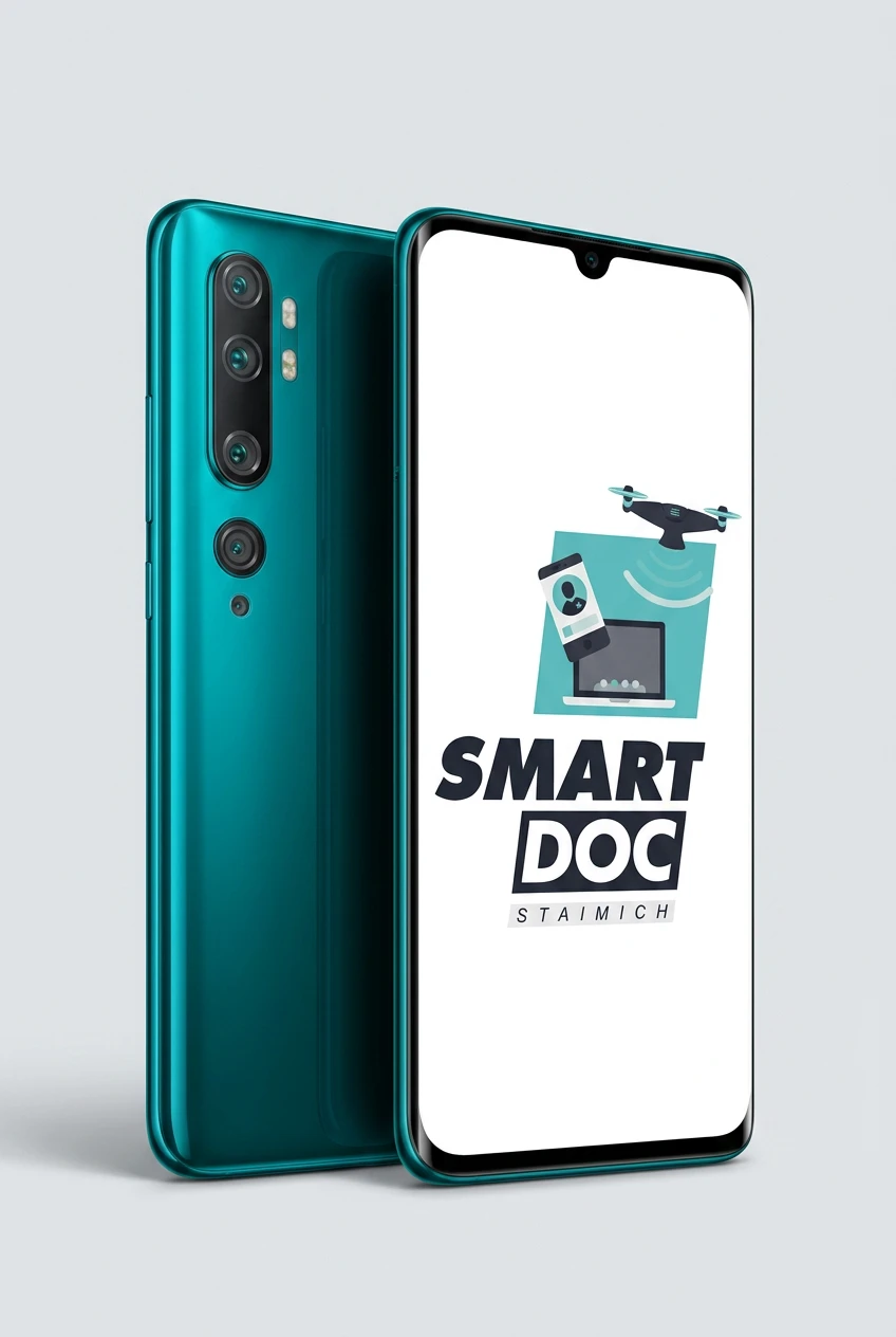 Xiaomi Mi Note 10 mit SmartDoc-Staimich-Logo auf dem Display, dahinter ein zweites Xiaomi Mi Note 10 von hinten