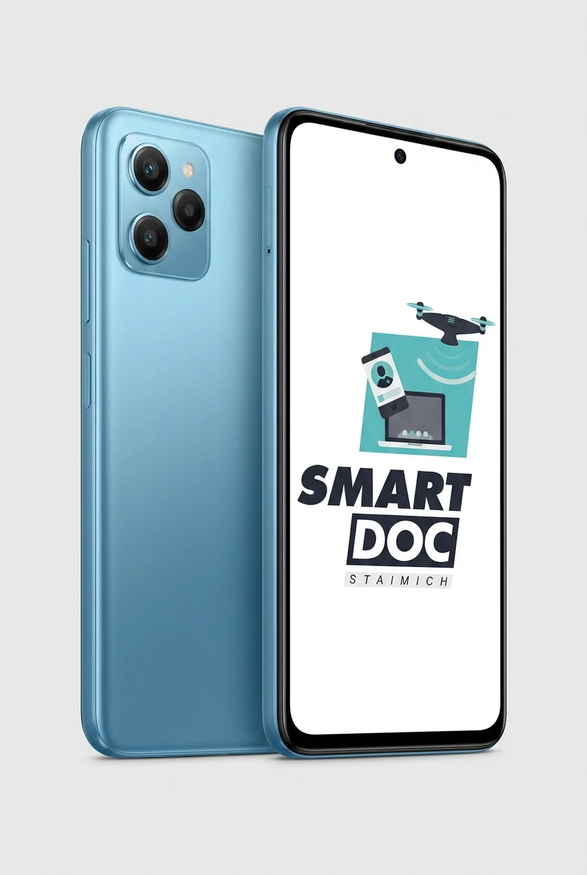 POCO M3 Pro 5G mit SmartDoc-Staimich-Logo auf dem Display, dahinter ein zweites POCO M3 Pro 5G von hinten