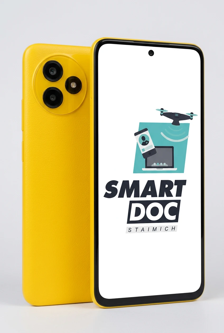 POCO M3 mit SmartDoc-Staimich-Logo auf dem Display, dahinter ein zweites POCO M3 von hinten