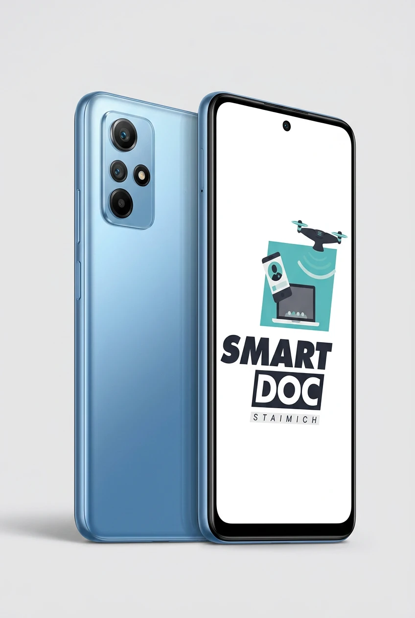 POCO M4 Pro mit SmartDoc-Staimich-Logo auf dem Display, dahinter ein zweites POCO M4 Pro von hinten