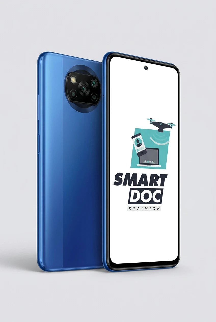 POCO X3 NFC mit SmartDoc-Staimich-Logo auf dem Display, dahinter ein zweites POCO X3 NFC von hinten
