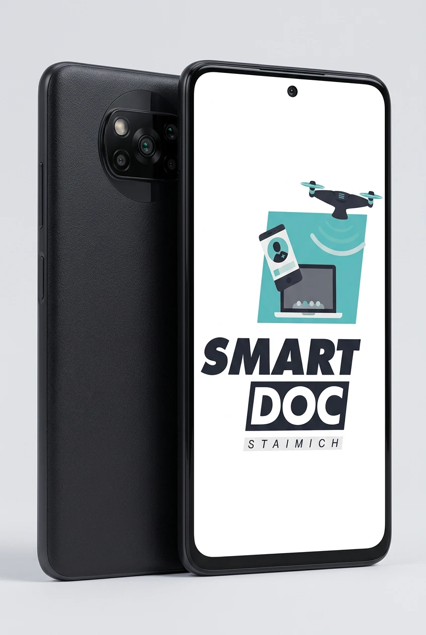 POCO X3 Pro mit SmartDoc-Staimich-Logo auf dem Display, dahinter ein zweites POCO X3 Pro von hinten