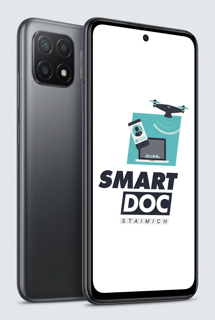 Redmi 10 mit SmartDoc-Staimich-Logo auf dem Display, dahinter ein zweites Redmi 10 von hinten