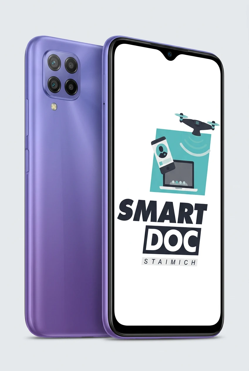 Redmi 9 mit SmartDoc-Staimich-Logo auf dem Display, dahinter ein zweites Redmi 9 von hinten